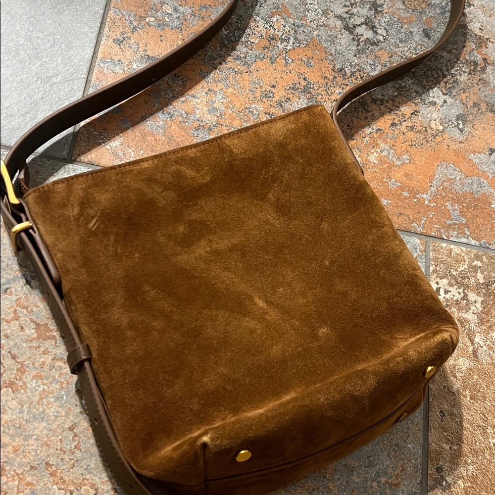 Quince Suede Crossbody Bag in Brown with Tan Strap - Picture 5 of 10